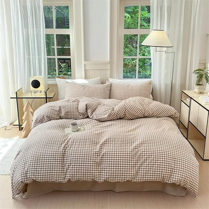 Genuine Nayoroom Brown Gingham Comforter Set Full Size Tan White Plaid Checkered Comforter 3 Pieces Soft Lightweight Grid Dorm Bedding Set for All Seasons Comfortable