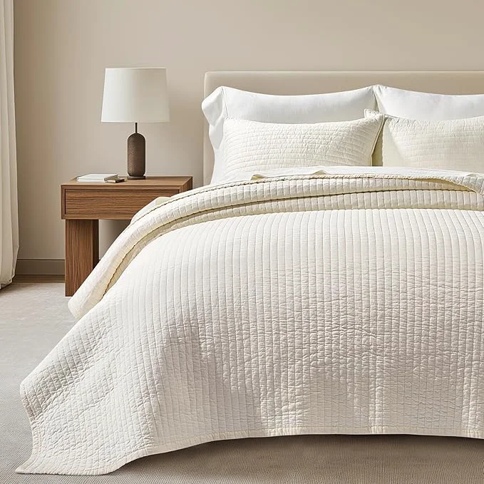 Breathable EVERGRACEHOME Cotton Sateen Quilt Set Queen Size Pre-Washed Cotton Channel Stitch Coverlet Bedspread 3 Pieces Lightweight Soft Bedding Sets for All Season with 2 Pillow Shams Cream Quality