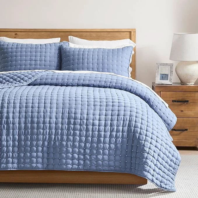 WDCOZY Blue California Cal King Size Quilt Bedding Sets with Pillow Shams Oversized Lightweight Soft Bedspread Coverlet Quilted Blanket Thin Comforter Bed Cover 3 Pieces 118×106 inches Top-Quality