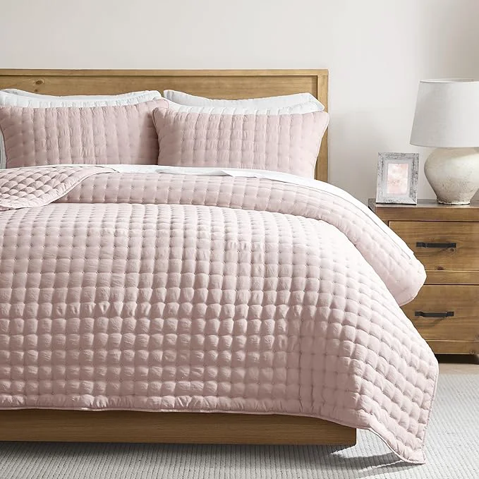 High-Performance WDCOZY Pink Oversized California King Size Quilt Bedding Sets with Pillow Shams Cal King Lightweight Soft Bedspread Coverlet Quilted Blanket Thin Comforter Bed Cover 3 Pieces 118×106 inches Solid