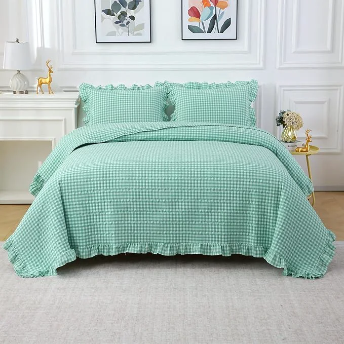 Flexible Spa Blue White Ruffle Gingham Quilt Set Queen Size with 2 Pillow Shams Washed Cotton Yarn-Dyed Quited Bedspread Farmhouse Bedding Set Spa Blue Queen Ruffle gingham sheets Crafted