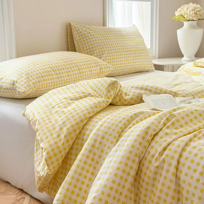 Flexible NSNLGSGC Yellow Gingham Cotton Comforter Set King Washed Cotton Red Plaid Checked Comforter Bedding 3 Pieces Vintage Farmhouse Grid Bedding Set Yellow Gingham King Expertly Made