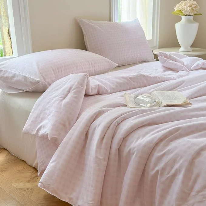 High-End NSNLGSGC Pink Gingham Cotton Comforter Set Queen Washed Cotton Plaid Checked Comforter Bedding 3 Pieces Vintage Farmhouse Grid Bedding Set Pink Gingham Queen Superior
