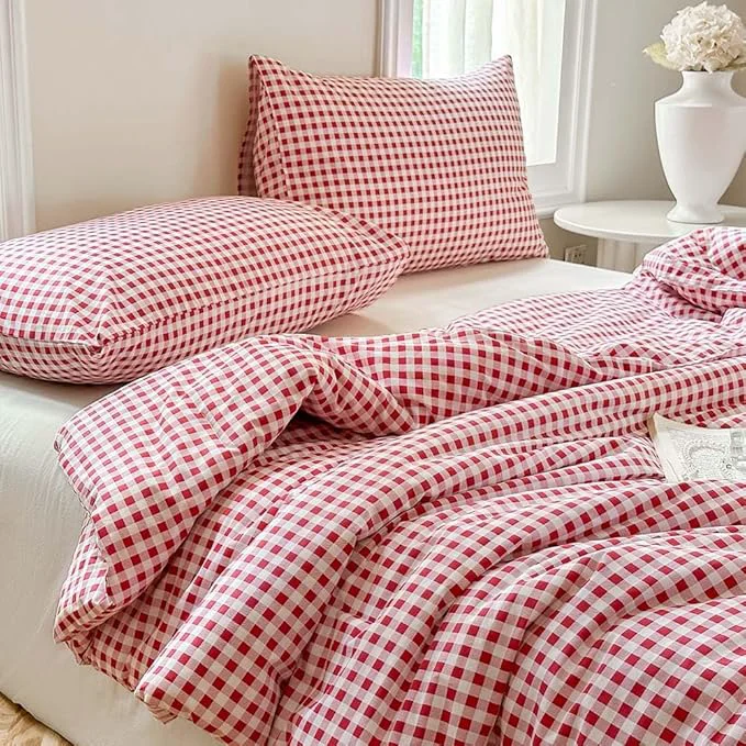 Authentic NSNLGSGC Red Gingham Cotton Comforter Set Queen Washed Cotton Plaid Checked Comforter Bedding 3 Pieces Vintage Farmhouse Grid Bedding Set Red Gingham Queen Easy-to-Use