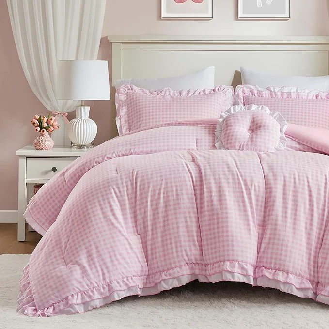 Contemporary Intelligent Design Rowena Full Comforter Set – Blush Pink Gingham Ruffled Bedding Vintage Farmhouse Style Reversible All Season 4-Piece Bedding Set Full Queen Gift for Her First-Class