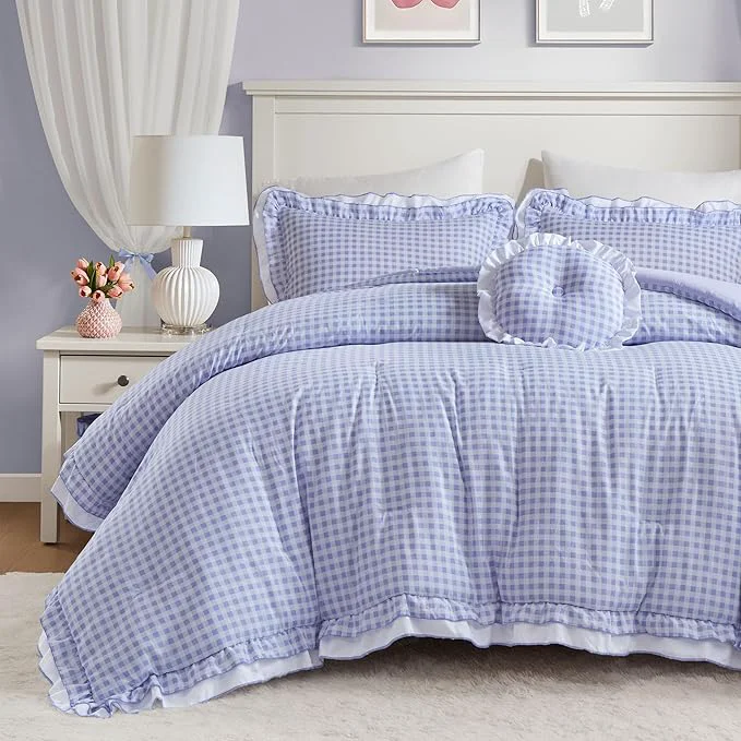 Secure Intelligent Design Rowena Full Comforter Set – Blue Gingham Ruffled Bedding Vintage Farmhouse Style Reversible All Season 4-Piece Bedding Set Full Queen Gift for Her Relaxed