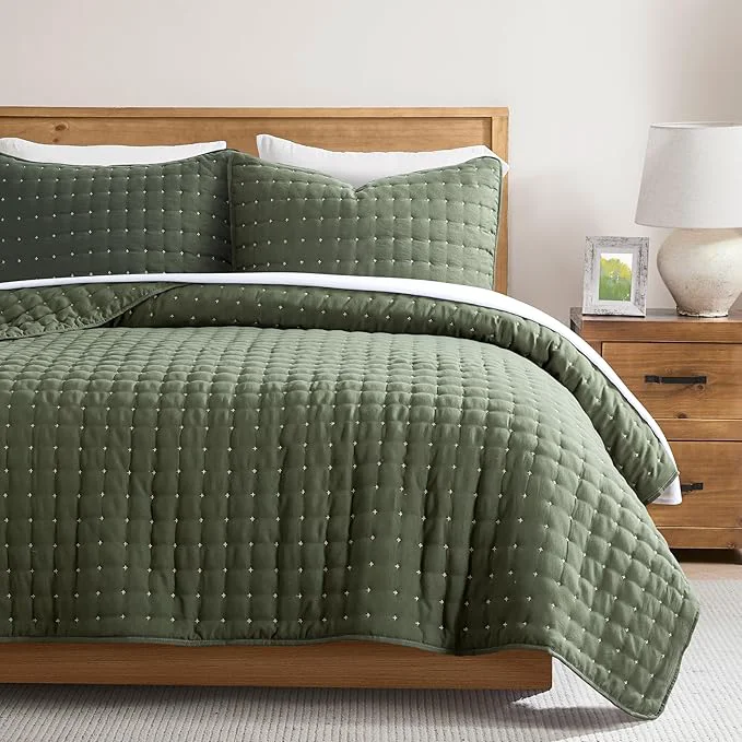 Smooth WDCOZY Queen Size Quilts Bedding Sets with 2 Pillow Shams Lightweight Soft Bedspread Coverlet Quilted Blanket Thin Comforter Bed Cover for All Season 3 Pieces 90×90 inches Moss Green Organic