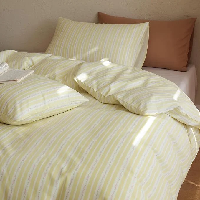 Recyclable Floral Comforter Queen Size Yellow Striped Bedding Set Fluffy Cotton Down Girls Bedding Comforter Sets Cozy Boho Stripe Light Weight Bed Comforter with 2 Pillowcases Selected