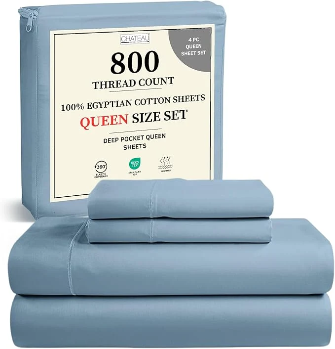 Pure Egyptian Cotton Sheets Queen Size Set 800TC 15 quot Deep Pocket Queen Sheets Set Soft Breathable Sateen Weave 4PC Elasticated Sheet amp Pillowcase Sets No Pill amp Shrink Fade Resistant- French Blue Long-Lasting
