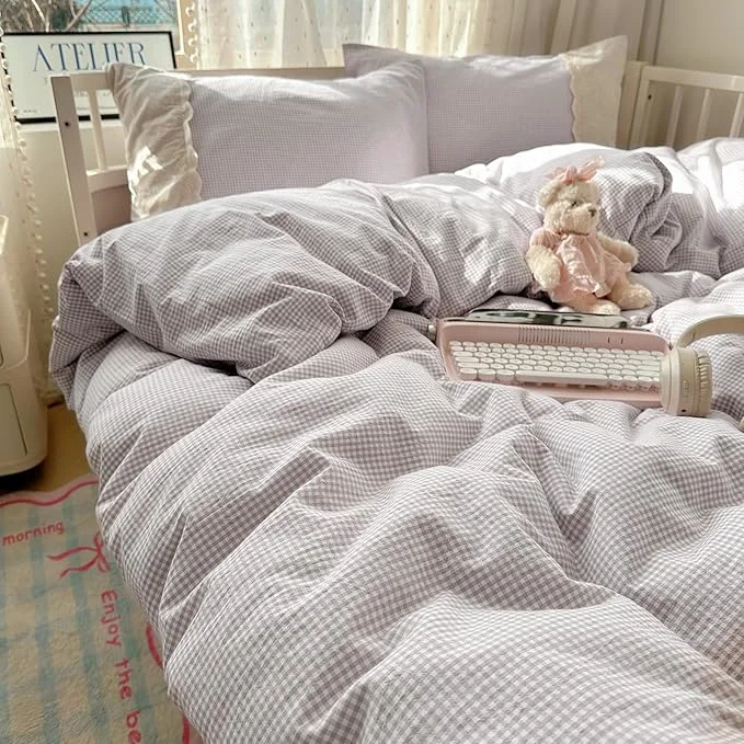 Dependable Purple Gingham King Size Comforter Boho Fluffy Bedding Set Plaid Cute Lightweight Down Bedding Comforter Sets Microfiber Cozy Lace-Trimmed Farmhouse Comforter with 2 Pillowcases World-Class