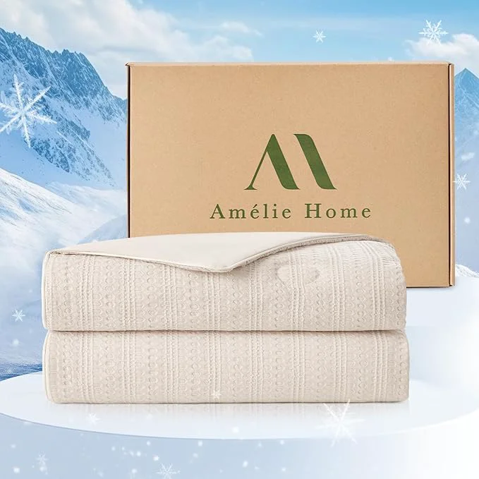 Amélie Home Waffle Cooling Comforter King Size Q-Max 0.45 Reversible Lightweight Cooling Blanket for Hot Sleepers Breathable Bedding for Night Sweats 106 quot x90 quot Beige Functional
