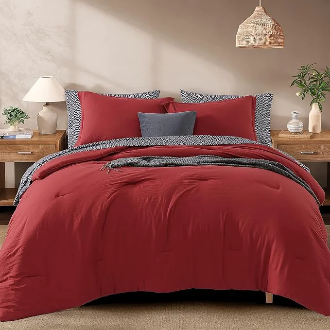 Classic Monbix Full Size Comforter Set – 7 Pieces Bright Red Prewashed Bed in a Bag Full Bedding Sets with Comforters All Seasons Ultra Soft Comforter Bed Set with Sheets Pillowcases amp Shams Elite