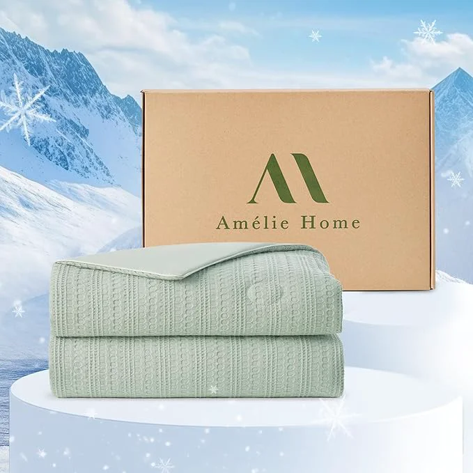 Outstanding Amélie Home Waffle Cooling Comforter Twin Size Q-Max 0.45 Reversible Lightweight Cooling Blanket for Hot Sleepers Breathable Bedding for Night Sweats 68 quot x90 quot Sage Green Exclusive