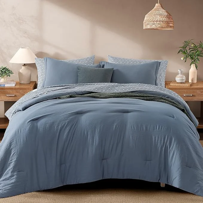 Selected Monbix Queen Comforter Set – 7 Pieces Oxford Blue Prewashed Bed in a Bag Queen Bedding Sets with Comforters All Seasons Ultra Soft Comforter Bed Set with Sheets Pillowcases amp Shams Detailed
