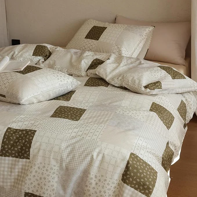 Effective Patchwork Queen Comforter Sets Brown Gingham Floral Bedding Set Cotton Down Plaid Teen Girl Bedding Comforter Sets Boho Fluffy Cute Light Weight Bed Comforter with 2 Pillowcases Responsible