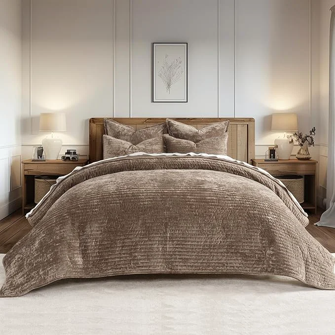 Sophisticated EVERGRACE Velvet Quilt Set California King 118 39 39 x 106 39 39 Luxurious Soft Striped Channel Bedding Set Lightweight Velvet Comforter for All Season Oversized Bedspread Coverlet w 2 Shams Mocha Brown Trusted