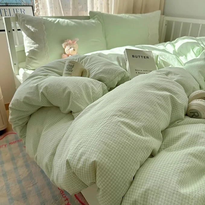 Eco-Friendly Green Gingham Comforter Full Size Boho Plaid Bedding Set Down Fluffy Lace-Trimmed Lightweight Bedding Comforter Set Soft Microfiber Breathable Cute Comforter with 2 Pillowcases Expertly Made
