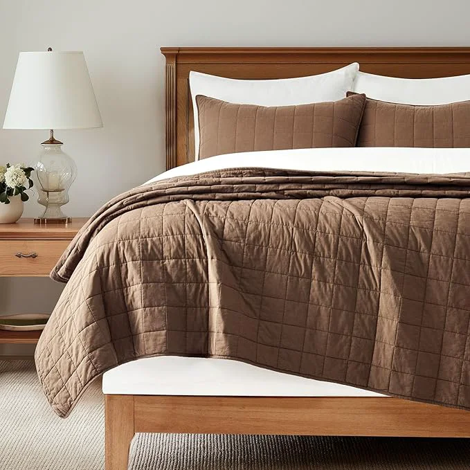 Solid EVERGRACEHOME Cotton Box Stitch Quilt Bedding Set King Size 3 Pieces Garment-Washed Lightweight Soft Cozy Coverlet Oversized Quilted Bedspread Sets with 2 Shams for All Season Sienna Brown Sophisticated