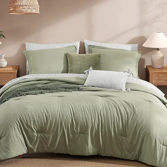 Sophisticated Monbix Super King Size Comforter Set – 7 Pieces Green Prewashed Bed in a Bag Bedding Sets with Comforters All Seasons Ultra Soft Comforter Bed Set with Sheets Pillowcases amp Shams High-Performance