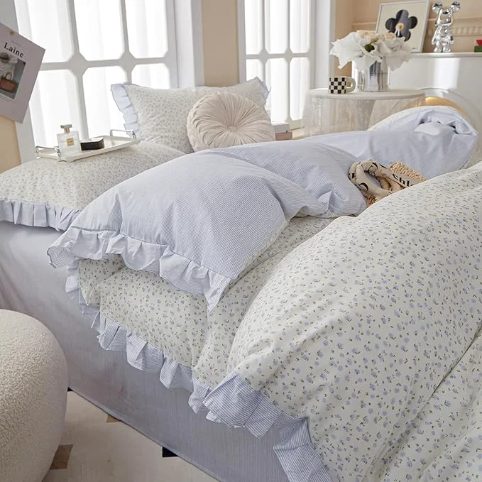 Solid Blue Floral Twin XL Comforter Set Ruffle Lightweight Bedding Set Boho Fluffy Cute Down Bedding Comforter Set Cozy Farmhouse Microfiber Blue Striped Comforter with 2 Pillowcases Luxury