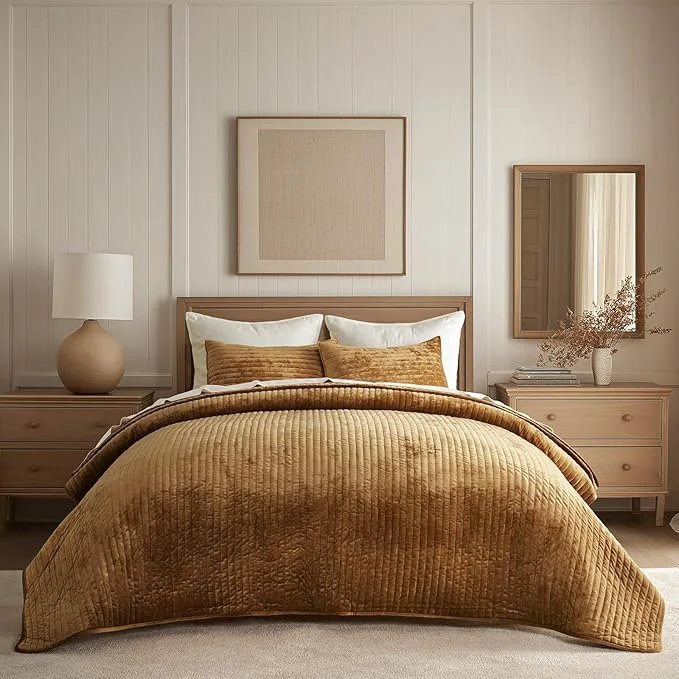 Contemporary EVERGRACE Velvet Quilt Set Queen Size Luxurious Soft Striped Channel Bedding Set Lightweight Velvet Comforter for All Season Oversized Bedspread Coverlet with 2 Matching Shams Gold Yellow Powerful
