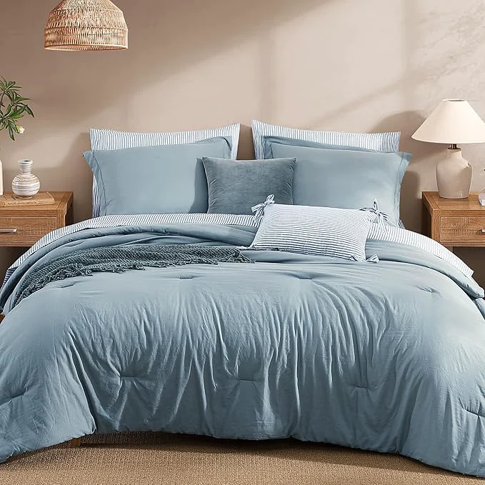 Exclusive Monbix Super King Plus Size Comforter Set – 7 Pieces Dusty Blue Prewashed Bed in a Bag Bedding Sets with Comforters All Seasons Ultra Soft Comforter Bed Set with Sheets Pillowcases amp Shams Classic