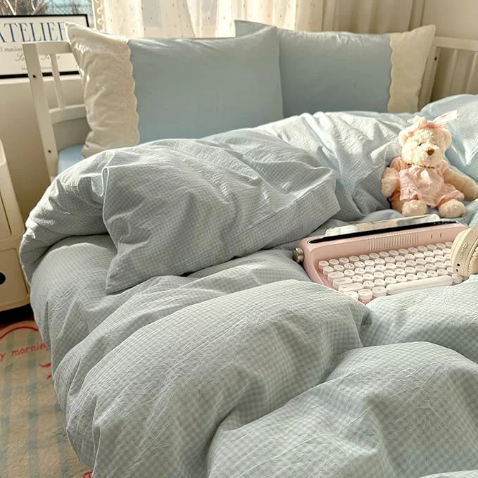 Blue Gingham King Comforter Set Down Boho Bedding Set Soft Lace-Trimmed Fluffy All Season Bedding Comforter Sets Lightweight Microfiber Cute Plaid Comforter with 2 Pillowcases High-Grade