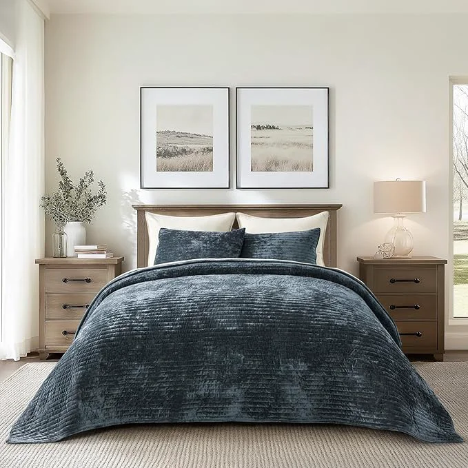 Detailed EVERGRACE Velvet Quilt Set King Size Luxurious Soft Striped Channel Bedding Set Lightweight Velvet Comforter for All Season Oversized Bedspread Coverlet with 2 Matching Shams Stormy Blue Smart