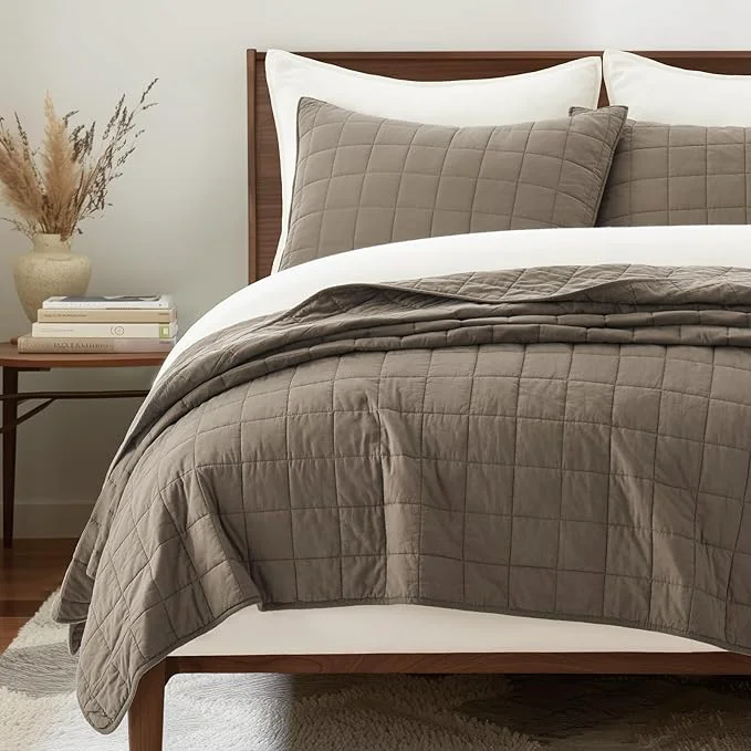 Healthy EVERGRACEHOME Cotton Box Stitch Quilt Bedding Set Queen Size 3 Pieces Garment-Washed Lightweight Soft Cozy Coverlet Quilted Bedspread Sets with 2 Shams for All Season Mocha Brown Powerful