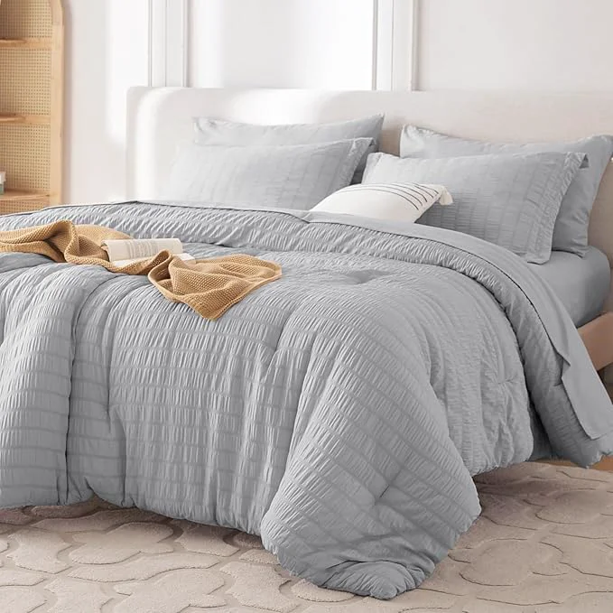 Safe MUXHOMO 5 Pieces Twin XL Comforter Set Seersucker Bed in a Bag Twin XL Size All Season Luxury Bedding Set with Comforter Flat Sheet Fitted Sheet Pillowcase amp Sham Light Grey Advanced