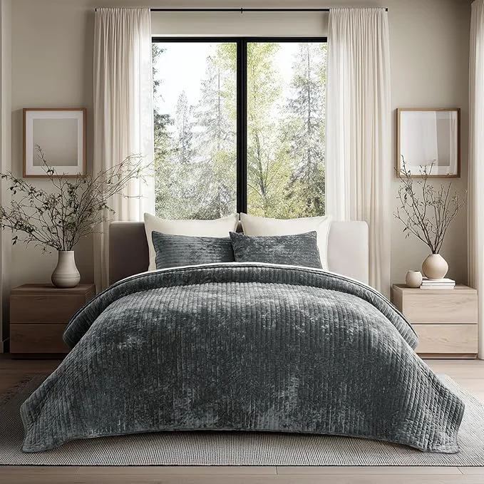 High-Grade EVERGRACE Velvet Quilt Set Queen Size Luxurious Soft Striped Channel Bedding Set Lightweight Velvet Comforter for All Season Oversized Bedspread Coverlet with 2 Matching Shams Charcoal Gray Fine Crafted
