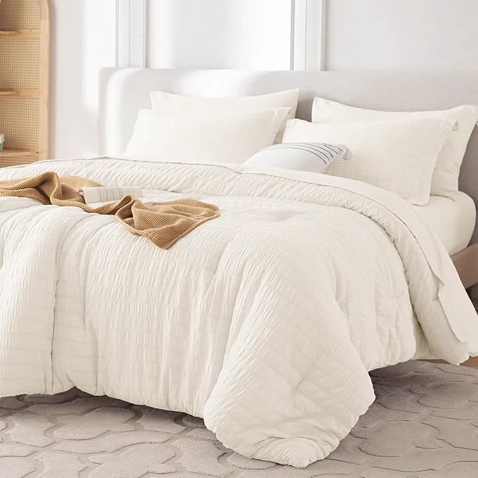 Crafted MUXHOMO 5 Pieces Twin Comforter Set Seersucker Bed in a Bag Twin Size All Season Luxury Bedding Set with Comforter Flat Sheet Fitted Sheet Pillowcase amp Sham Ivory Advanced