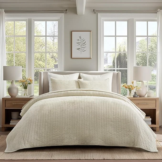 Contemporary EVERGRACE Velvet Quilt Set Queen Size Luxurious Soft Striped Channel Bedding Set Lightweight Velvet Comforter for All Season Oversized Bedspread Coverlet with 2 Matching Shams Beige First-Class
