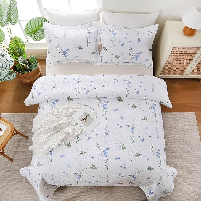 Practical King Size Quilt Bedding Set White Floral Lightweight Bed Quilts Botanical Patterned Elegant Bedspread Reversible Coverlet Sets with 2 Pillow Shams 104 quot ×90 quot Solid