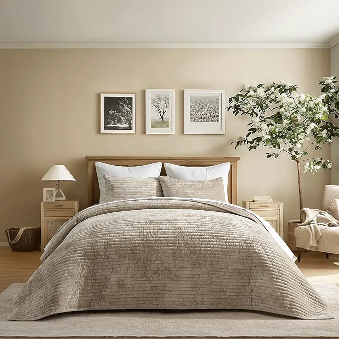 Eco-Friendly EVERGRACE Velvet Quilt Set King Size Luxurious Soft Striped Channel Bedding Set Lightweight Velvet Comforter for All Season Oversized Bedspread Coverlet with 2 Matching Shams Beige Taupe Innovative