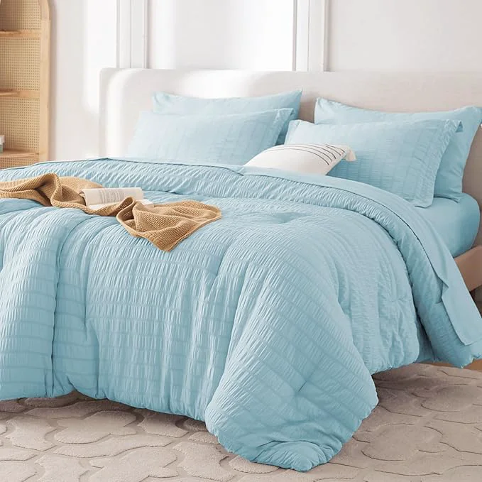 Practical MUXHOMO 7 Pieces California King Comforter Set Seersucker Bed in a Bag Cal King Size All Season Luxury Bedding Set with Comforter Flat Sheet Fitted Sheet Pillowcases amp Shams Lake Blue Refined