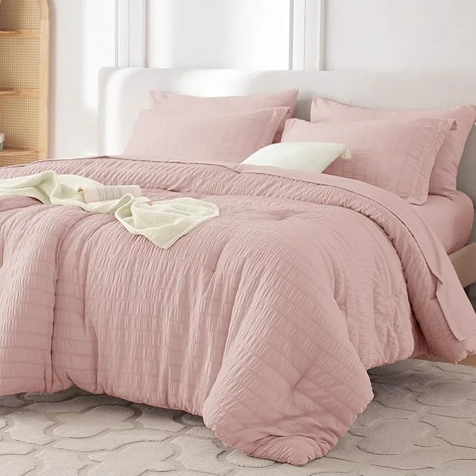 Breathable MUXHOMO 7 Pieces King Comforter Set Seersucker Bed in a Bag King Size All Season Luxury Bedding Set with Comforter Flat Sheet Fitted Sheet Pillowcases amp Shams Rose Gold Official