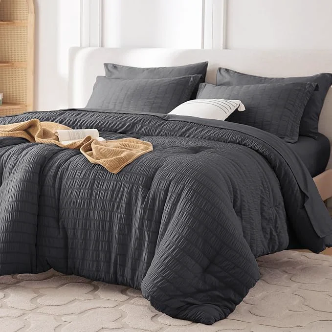 Pure MUXHOMO 7 Pieces King Comforter Set Seersucker Bed in a Bag King Size All Season Luxury Bedding Set with Comforter Flat Sheet Fitted Sheet Pillowcases amp Shams Dark Grey