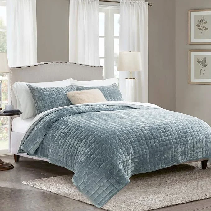 Verified RECYCO Luxury Velvet Quilt Set Full Queen Size Bedding Sets Ultra Soft Velvet Comforter Set Lightweight Channel Box Stitch Oversized Bedspread Coverlet for All Season with 2 Shams Blue Linen World-Class
