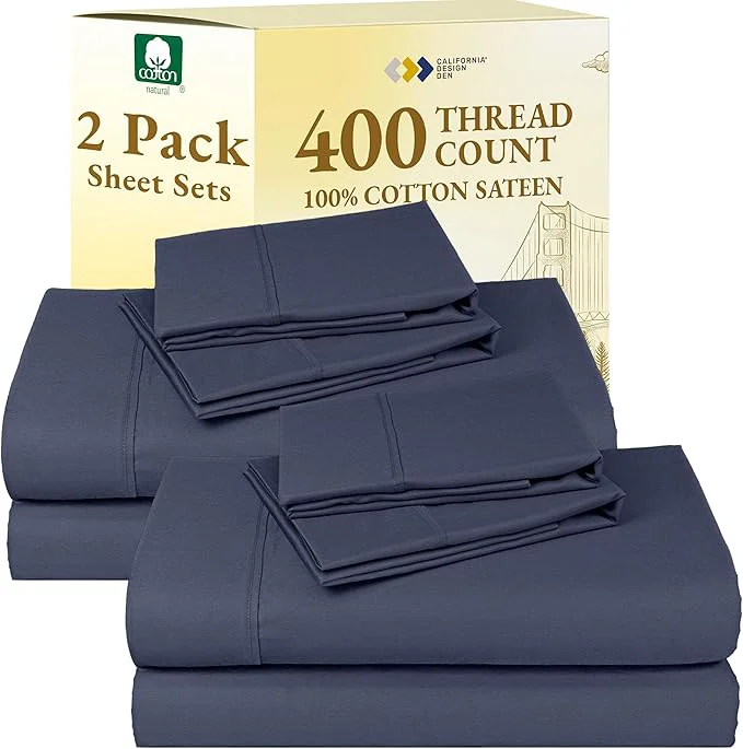 Recyclable California Design Den 2-Pack Sheet Sets Queen Size - 400 Thread Count Cotton Sateen - Soft and Breathable Sheets 2 Sets of Deep Pocket Bed Sheets - Indigo Dusty Blue Secure