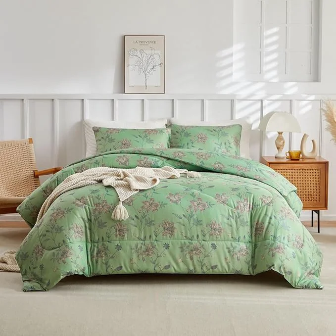 Convenient Garden Style Green Comforter Set Queen Vintage Flower Bedding Comfortet Set Soft Microfiber Bedding Set 1 Green Floral Comforter and 2 Pillowcases Chic Botanical Comforter Set for Girls Women Safe