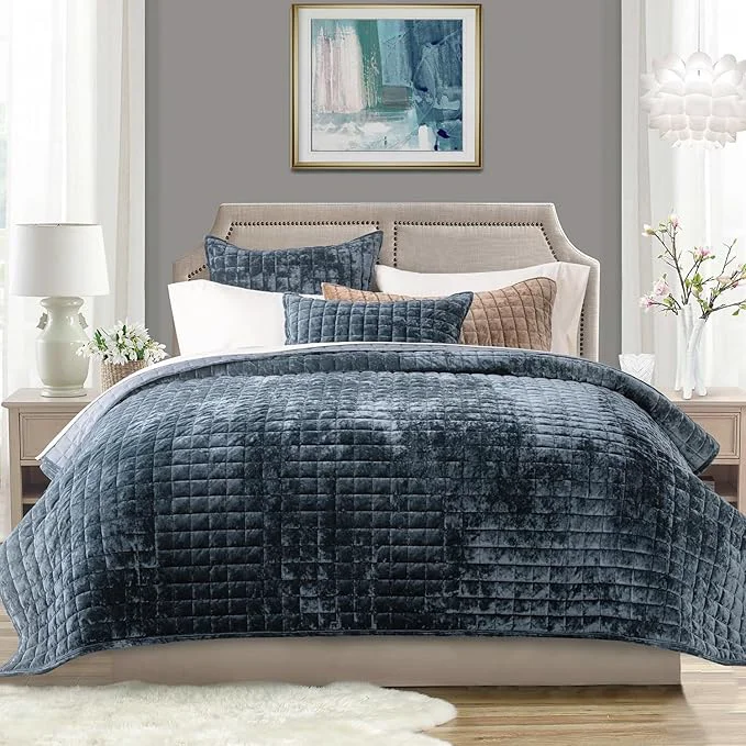 Smooth RECYCO Luxury Velvet Quilt Set California King 118 39 39 x 106 39 39 Oversized Bedspread Ultra Soft Velvet Comforter Lightweight Box Stitch Bedding Sets for All Season with 2 Shams Stormy Blue Versatile