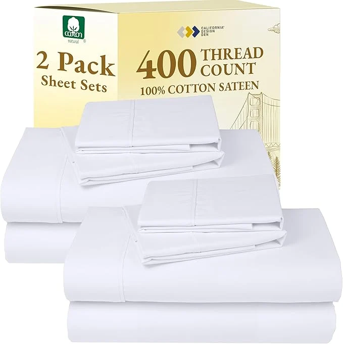 Pure California Design Den 2-Pack Cal King Bedsheet Set – 400 Thread Count Sateen Cotton Sheets – Soft and Breathable Sheets 2 Sets of Deep Pocket Bed Sheets – White Detailed