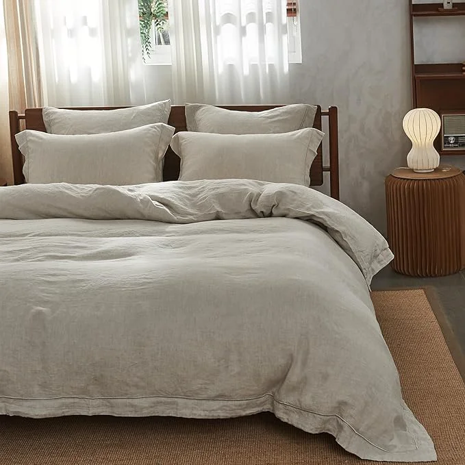 Recyclable Simple amp Opulence Washed Linen Duvet Cover with Embroidered 3 Pieces Soft Farmhouse Comforter Set with Button Closure 1 Duvet Cover and 2 Pillowshams Full Natural Linen High-End