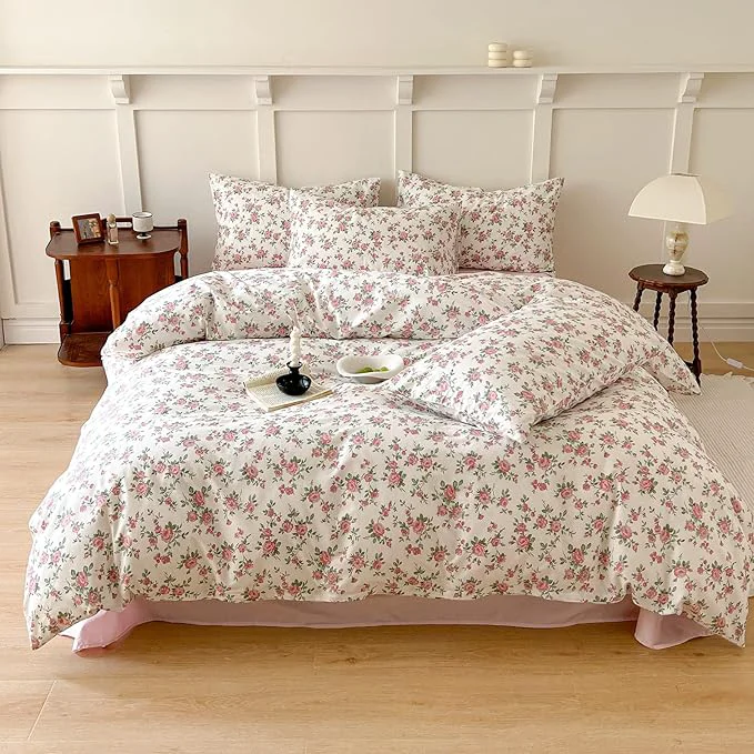 Durable VM VOUGEMARKET Peach Flower Comforter Set Queen Garden Floral Comforter with 2 Pillowcases Cottagecore Aesthetic Fluffy Bedding Comforter Set for Girls Women 90 quot x90 quot Refined