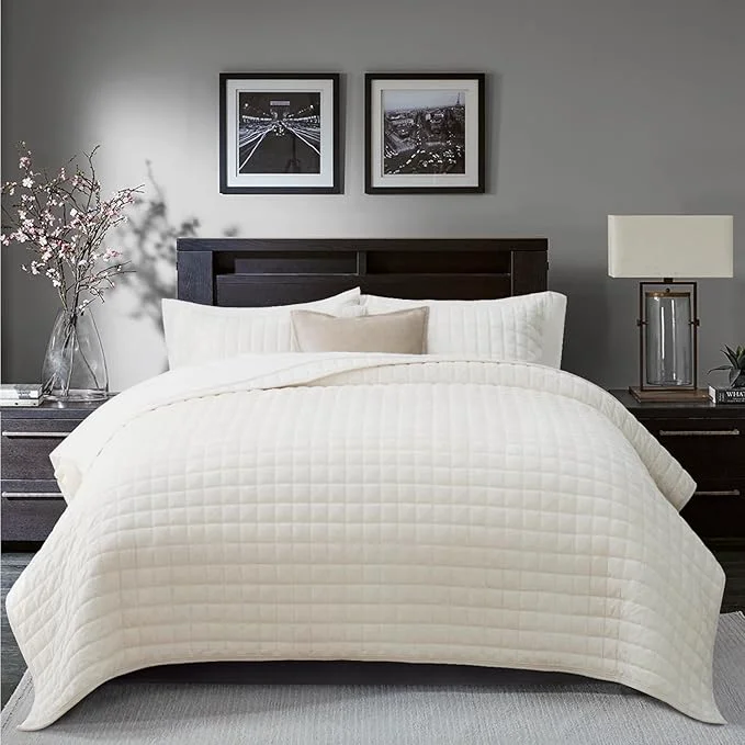 Green RECYCO Luxury Velvet Quilt Set California King 118 39 39 x 106 39 39 Oversized Bedspread Ultra Soft Velvet Comforter Lightweight Box Stitch Bedding Sets for All Season with 2 Shams Cream White High-Performance