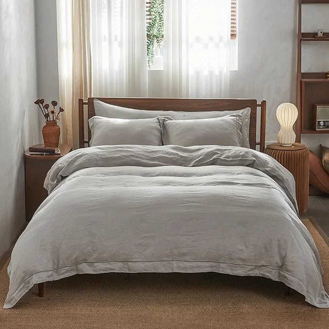 Prestigious Simple amp Opulence Washed Linen Duvet Cover with Embroidered 3 Pieces Soft Farmhouse Comforter Set with Button Closure 1 Duvet Cover and 2 Pillowshams Full Light Grey Specialty