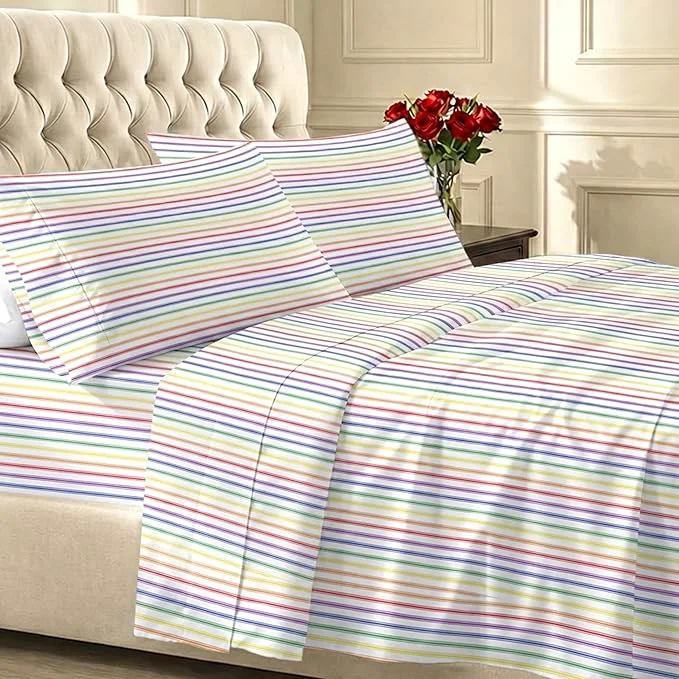 Eco-Friendly California Design Den Striped Queen Sheet Set – 400 Thread Count Sateen Natural Cotton Sheet Set Queen Size Deep Pocket and Durable Bedding – Rainbow Striped World-Class