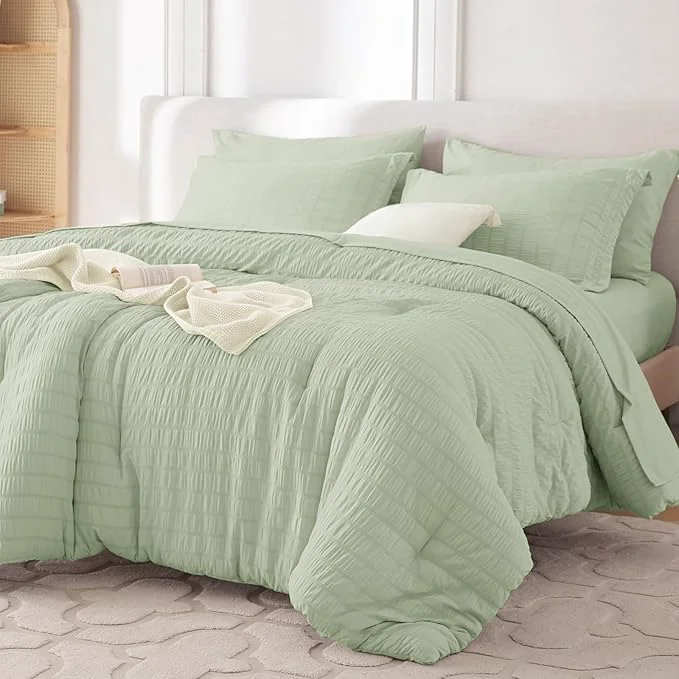 Eco-Friendly MUXHOMO 7 Pieces Queen Comforter Set Seersucker Bed in a Bag Queen Size All Season Luxury Bedding Set with Comforter Flat Sheet Fitted Sheet Pillowcases amp Shams Light Green Reliable