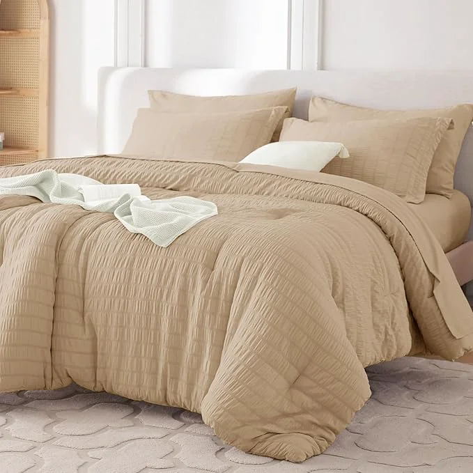 Unique MUXHOMO 7 Pieces King Comforter Set Seersucker Bed in a Bag King Size All Season Luxury Bedding Set with Comforter Flat Sheet Fitted Sheet Pillowcases amp Shams Khaki Reusable